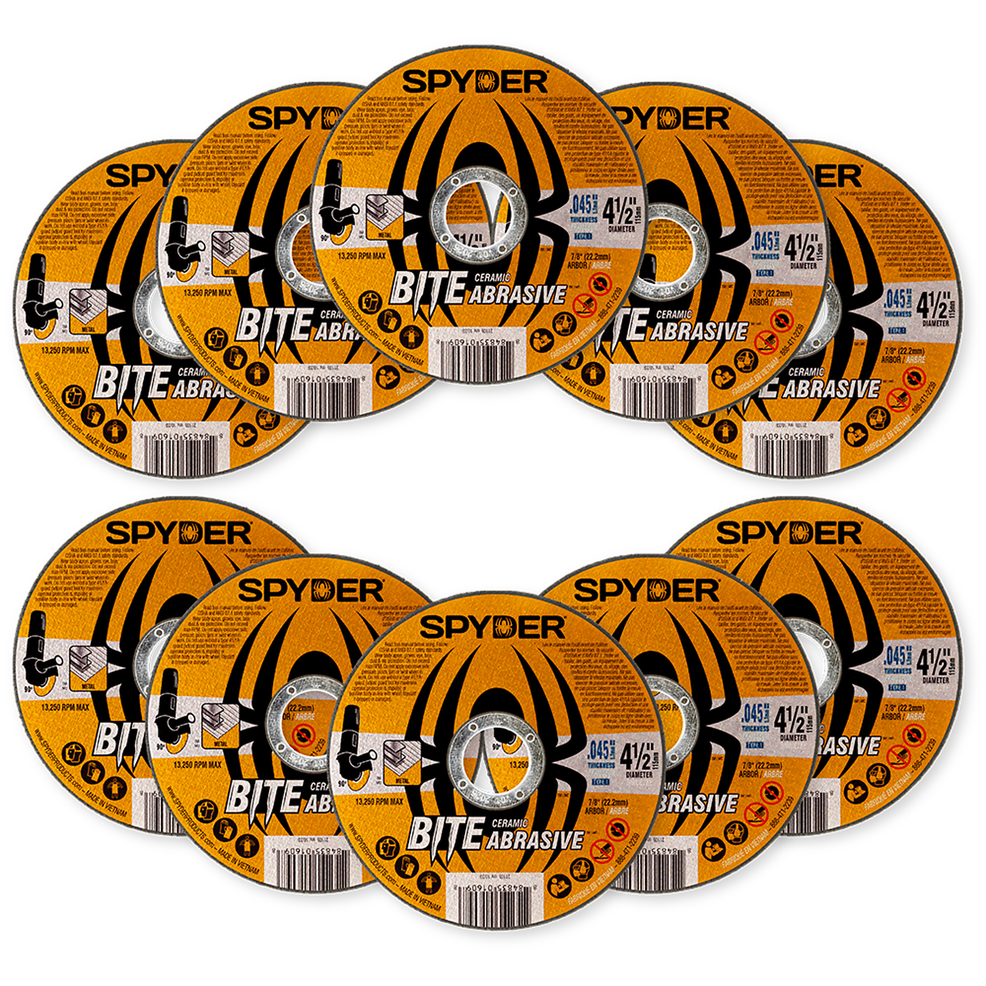 SPYDER 4.5", 7/8 T1 Ceramic Abrasive Cut-Off Wheel,10pk Model# 21105-10